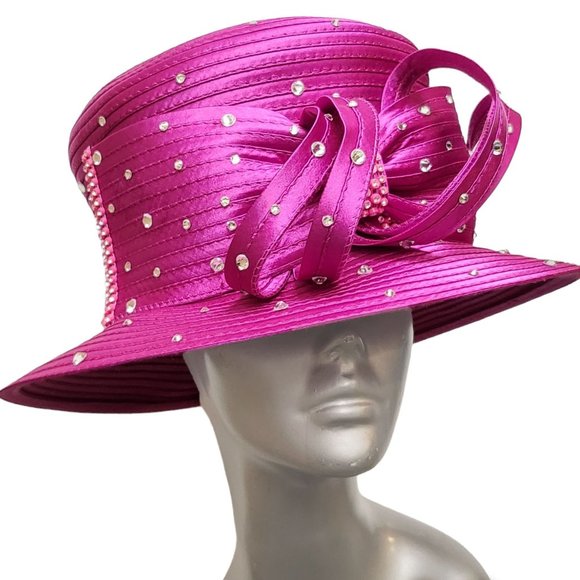 Women\'s designer couture satin ribbon hat church Kentucky derby Fuschia